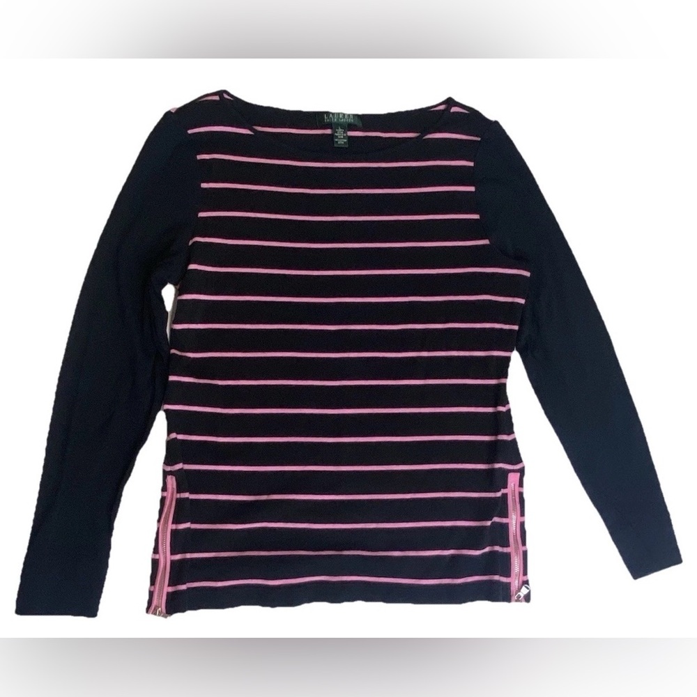 Lauren Ralph Lauren Large Pink Striped Sweater Shirt Soft Chic Preppy‎ - Picture 5 of 14